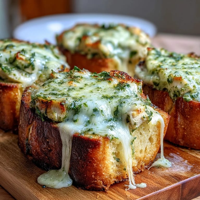 Fresh basil crowns golden Pesto Chicken Garlic Bread Boats with bubbling mozzarella on a plate.