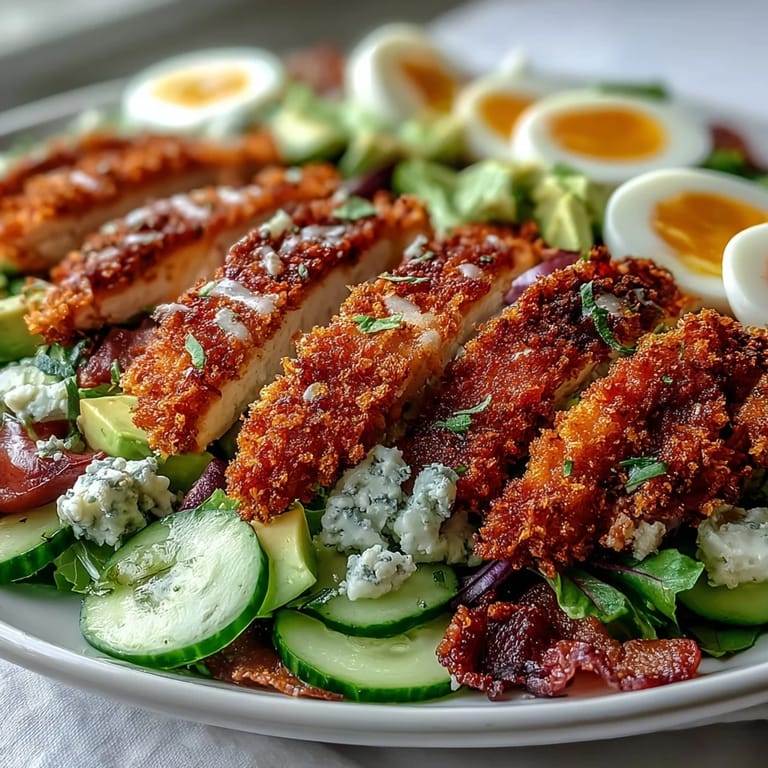 Freshly baked Parmesan Crusted Chicken served over a vibrant Cobb salad with cherry tomatoes and cucumbers.