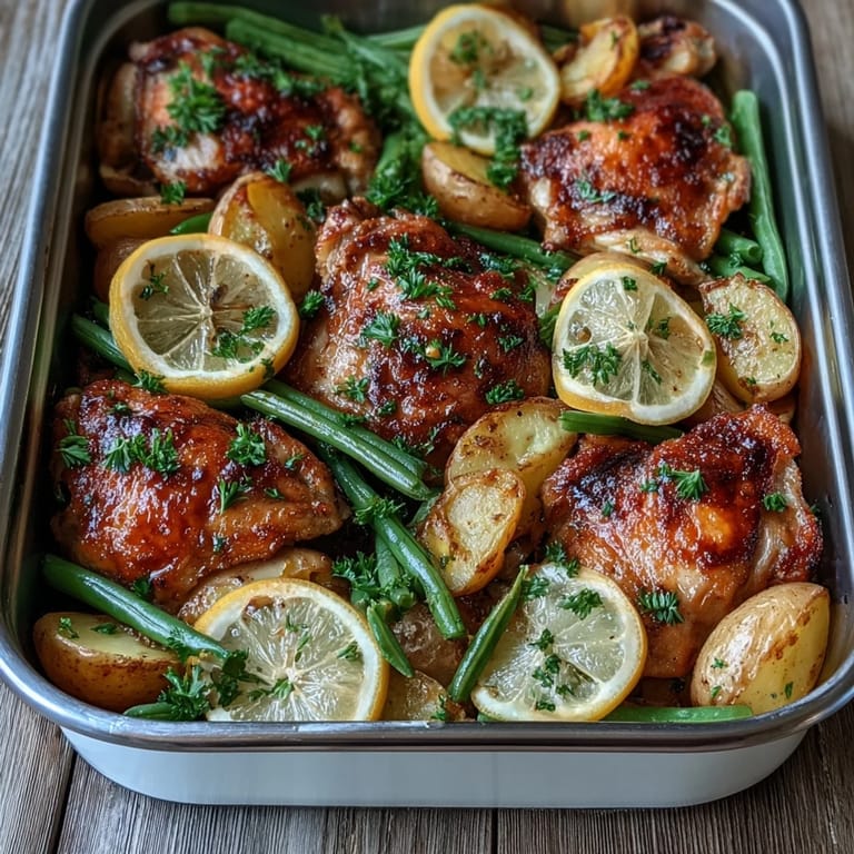 A close-up of Sheet Pan Lemon Garlic Chicken with zesty lemon wedges and fresh parsley garnish.