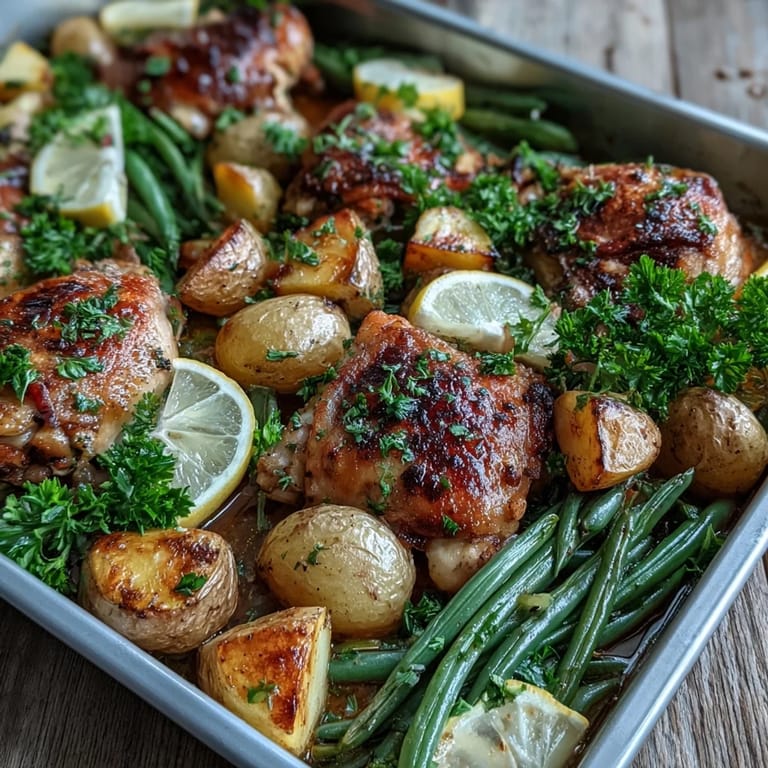 Juicy Sheet Pan Lemon Garlic Chicken rests alongside crispy roasted potatoes and tender green beans.
