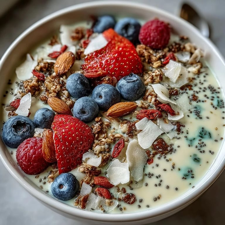 Energizing Berry Greek Yogurt Smoothie Bowl loaded with antioxidants, layered with crunchy toppings, and drizzled with honey for a nourishing morning treat.
