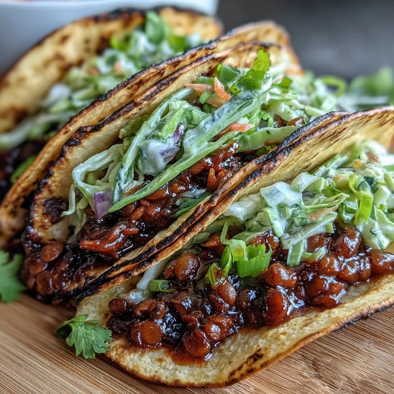 Colorful cabbage slaw with green and red cabbage, carrots, and cilantro adds crunch to smoky BBQ lentil tacos.  
