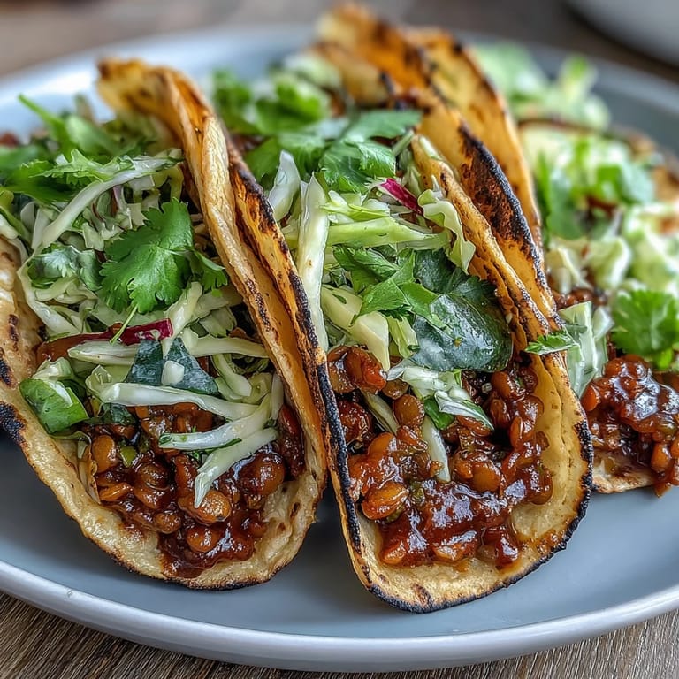 Hearty vegan tacos filled with tender BBQ lentils, topped with tangy slaw and fresh cilantro for a flavor-packed bite.
