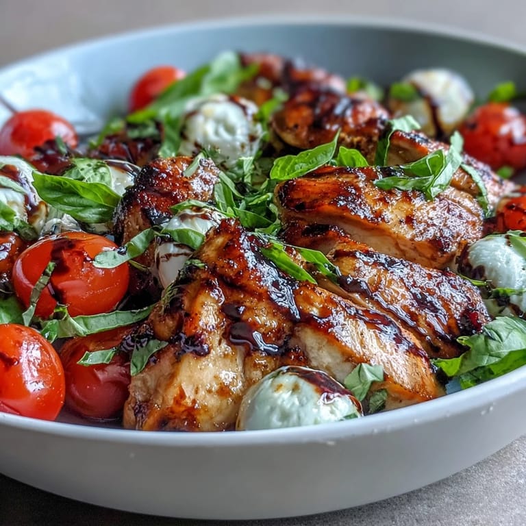 Hearty Italian-inspired grilled chicken Caprese bowls featuring ripe cherry tomatoes, creamy mozzarella, and fresh basil, topped with rich balsamic glaze.  