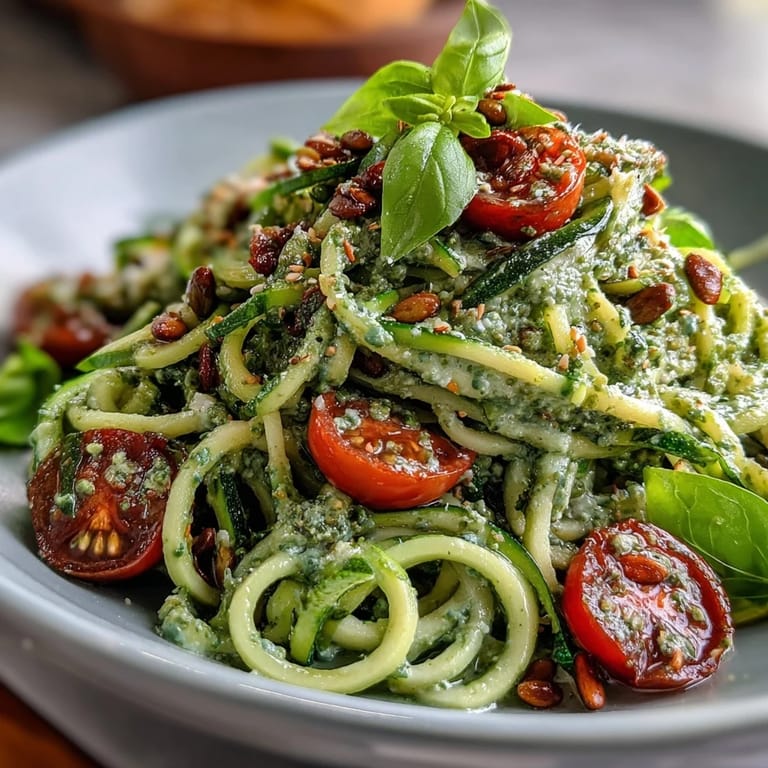 Vibrant zucchini noodles coated in a rich, dairy-free pumpkin seed pesto, garnished with fresh basil and cherry tomatoes for a colorful, nutritious meal.