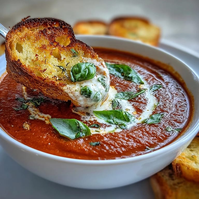 Velvety tomato soup infused with basil, accompanied by crisp garlic sourdough strips for dipping.  