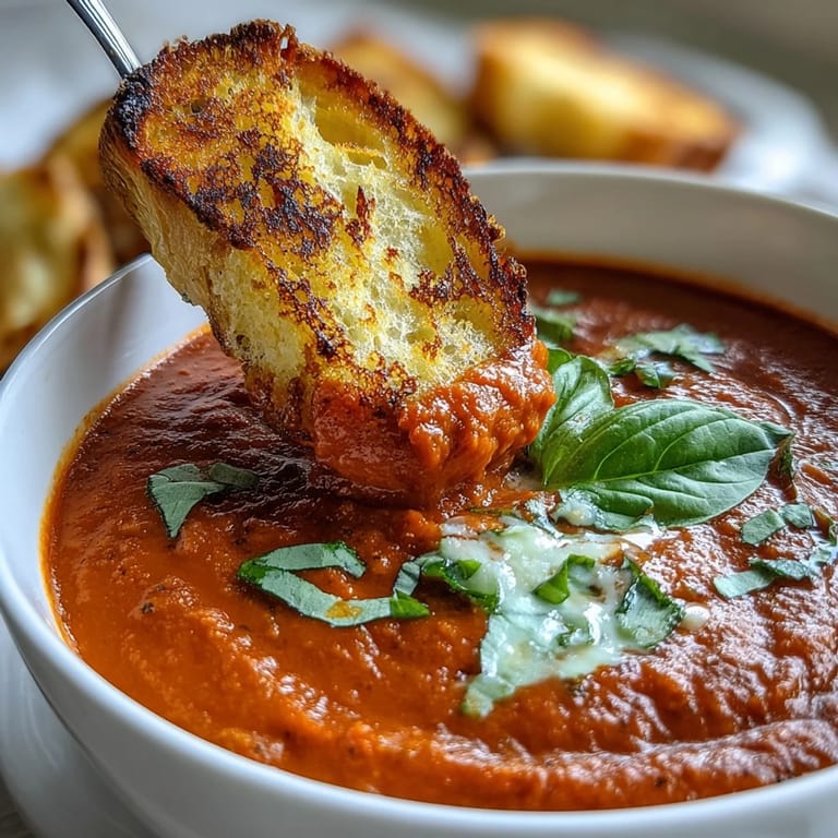 Rich, dairy-free tomato basil soup paired with golden garlic sourdough dippers for a cozy meal.