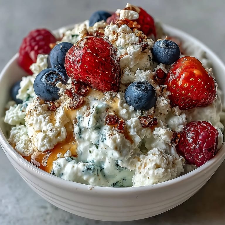 Protein-rich cottage cheese paired with fresh berries and toasted seeds, garnished with mint for a satisfying and wholesome treat.
