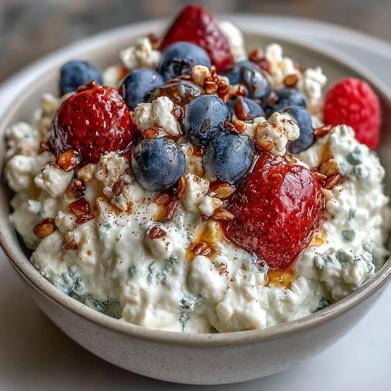 A quick and refreshing cottage cheese bowl layered with juicy berries, crunchy seeds, and a drizzle of honey for natural sweetness.  
