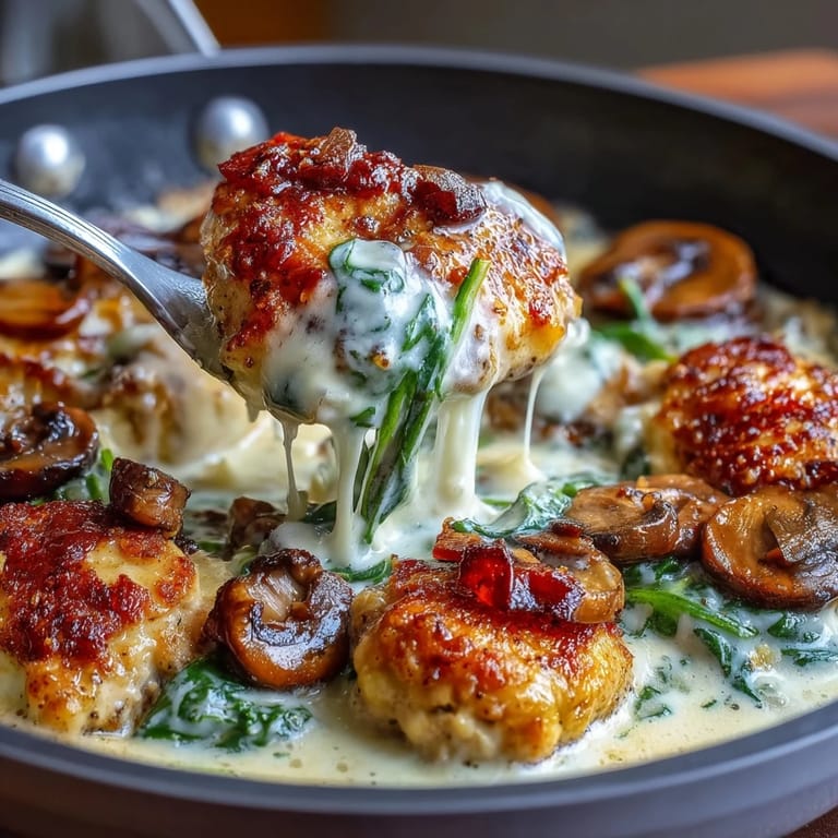 Creamy low-carb chicken skillet with sautéed mushrooms, wilted spinach, and Parmesan in a keto-friendly garlic cream sauce.