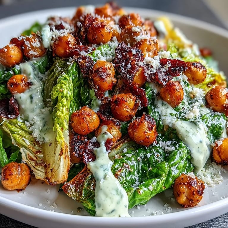 Crispy roasted chickpeas add crunch to this dairy-free Caesar salad, tossed in a rich cashew-based dressing for a satisfying vegan meal.