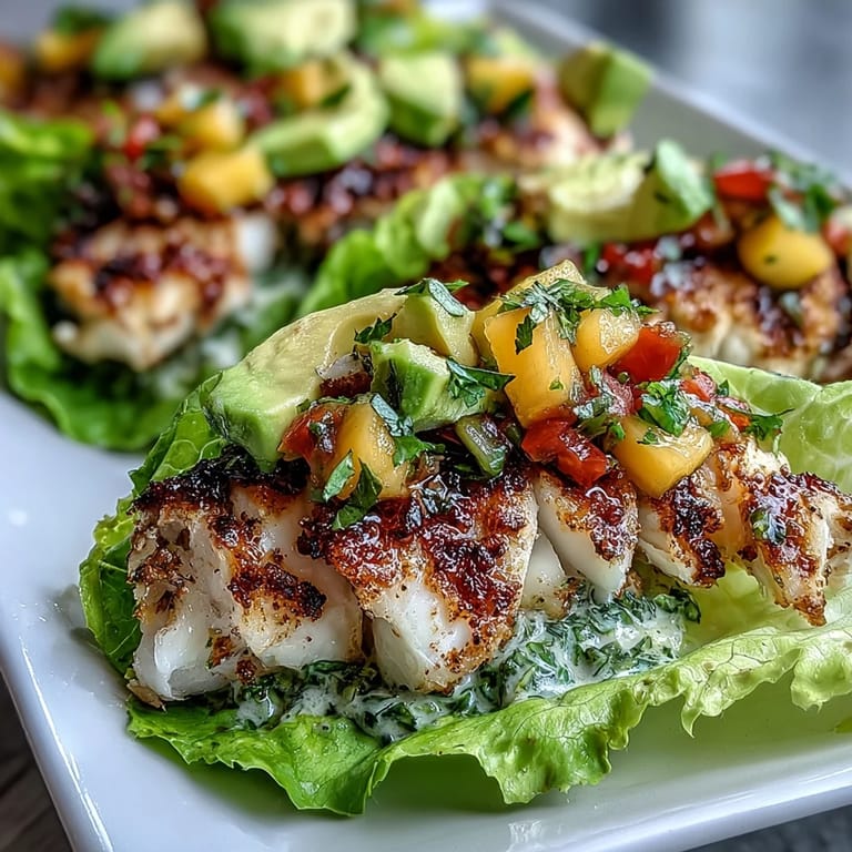 Deliciously seasoned grilled fish flaked and ready to be served in fresh lettuce shells.