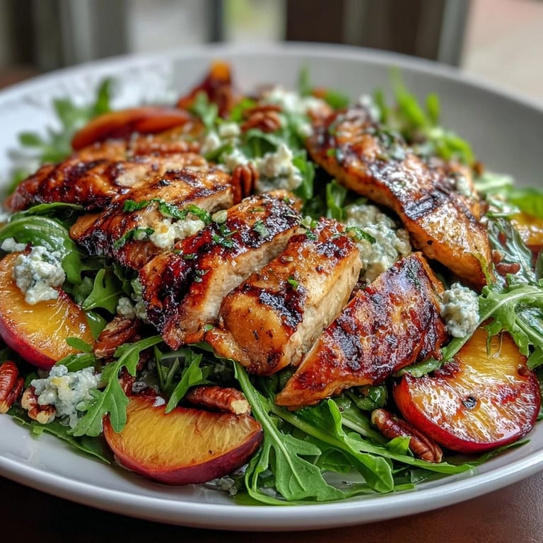 Healthy arugula salad with grilled chicken, caramelized peaches, toasted pecans, and creamy feta, drizzled with homemade balsamic glaze.