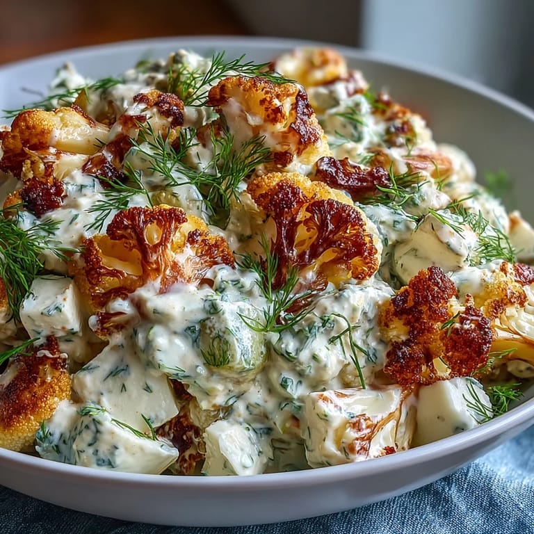 Roasted cauliflower potato salad with dill pickles and eggs, served chilled with fresh dill garnish for a satisfying keto-friendly side dish.