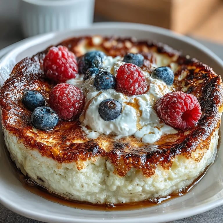 Warm, protein-packed pancake bowl baked with flax meal, vanilla protein powder, and topped with fresh raspberries.  