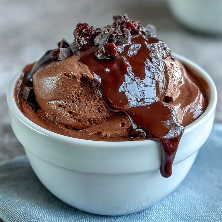 Silky smooth cottage cheese chocolate mousse topped with fresh raspberries and chopped dark chocolate for an indulgent treat.  