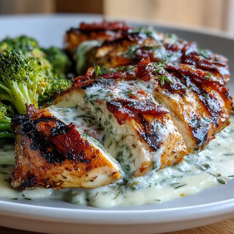 Juicy grilled chicken and tender broccoli florets topped with luscious homemade garlic cream sauce, perfect for low-carb dinners.