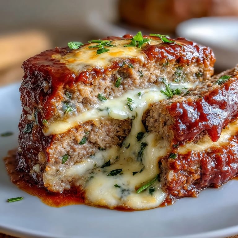 Sliced Italian meatloaf topped with golden, bubbly mozzarella cheese and rich marinara sauce, ready to enjoy with extra sauce on the side.  