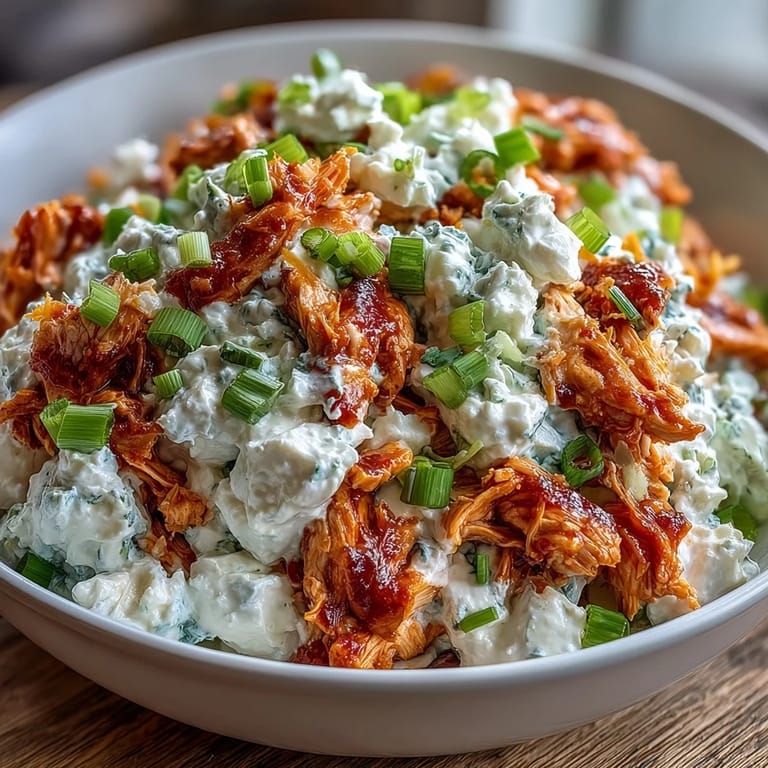 Spicy buffalo chicken salad with tangy cottage cheese dressing, crisp celery, and cheddar, served chilled with crackers or fresh veggies.  