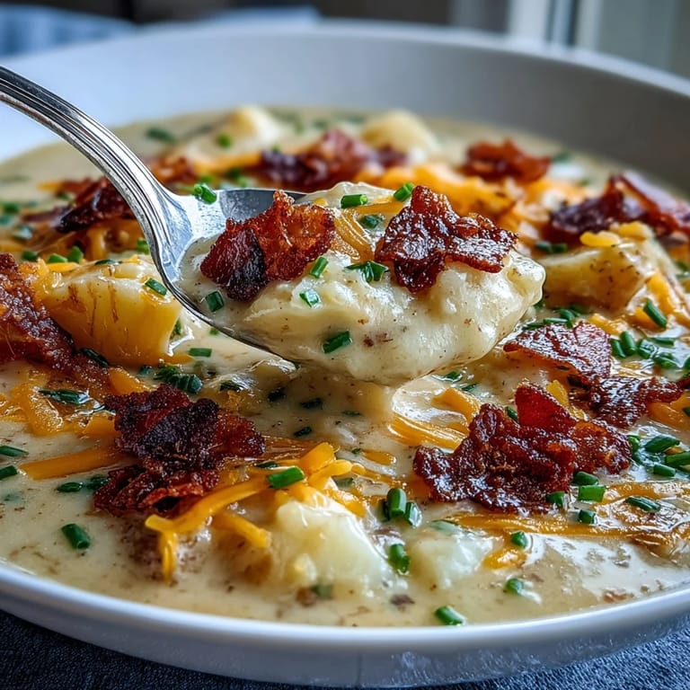 Velvety potato soup topped with crunchy bacon bits, sharp cheddar, and green chives for comfort.  