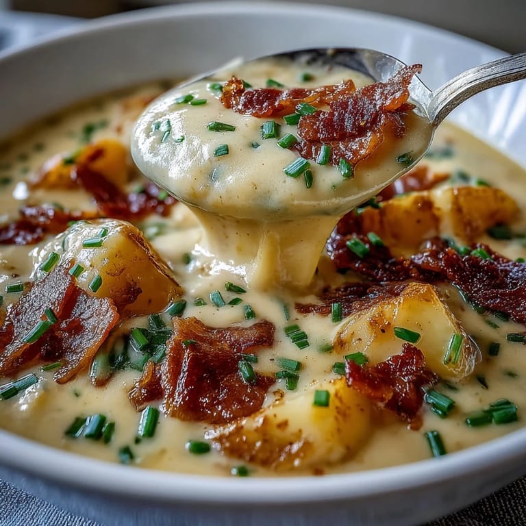 Rich baked potato soup featuring tender potatoes, smoky bacon, and creamy cheese in every spoonful.