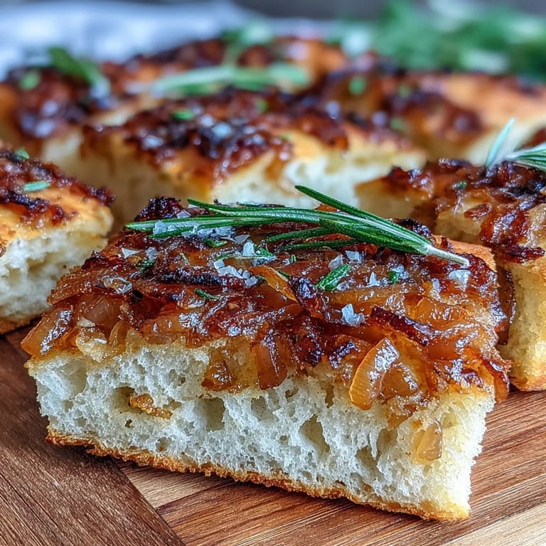Aromatic and chewy sourdough focaccia bread with golden-brown onions and a sprinkle of sea salt, baked to perfection.