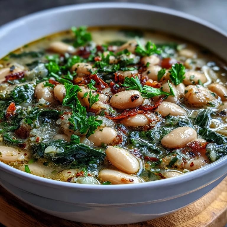 Hearty Tuscan white bean and spinach soup with creamy cannellini beans, tender spinach, and aromatic herbs in a rustic, savory broth.