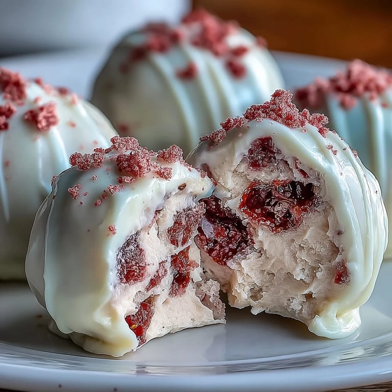 Elegant homemade strawberry truffles rolled in white chocolate, garnished with freeze-dried strawberry powder.