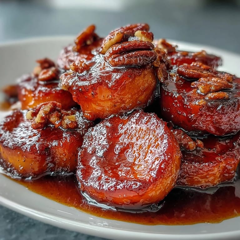 Warm Southern-style candied yams glazed with bourbon, maple syrup, and brown sugar, topped with crunchy pecans.