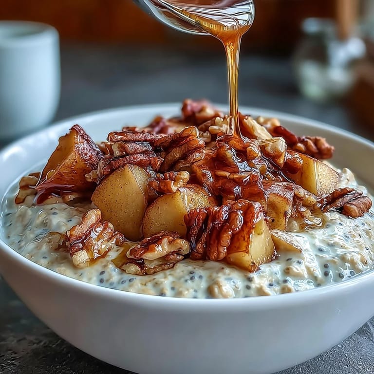 Hearty overnight oats topped with caramelized cinnamon apples and crunchy walnuts for a wholesome start.
