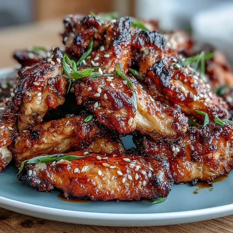 Golden-brown Asian chicken wings coated in sweet and spicy honey garlic glaze, garnished with green onions.  