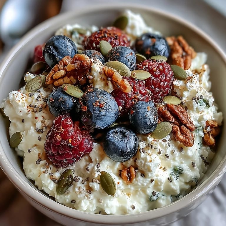 Protein-packed cottage cheese paired with vibrant berries and a medley of chia, flax, and pumpkin seeds.  