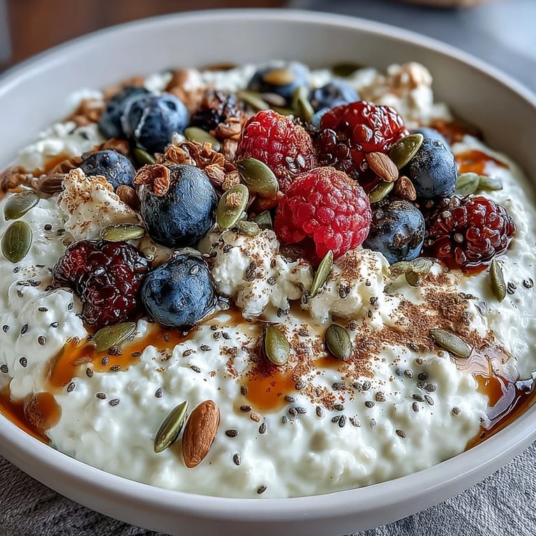 Wholesome cottage cheese breakfast bowl with fresh berries, seeds, and optional honey drizzle for natural sweetness.