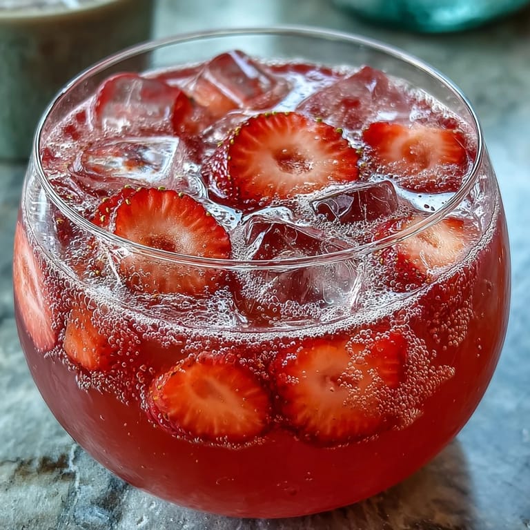 Sparkling pink lemonade and strawberry juice blend with cranberry, topped with lemon slices and ice for a festive drink.