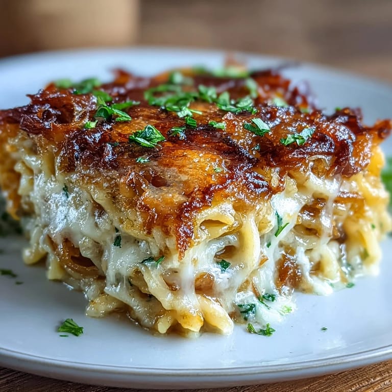 Creamy pasta bake infused with sweet caramelized onions and topped with golden Gruyère.