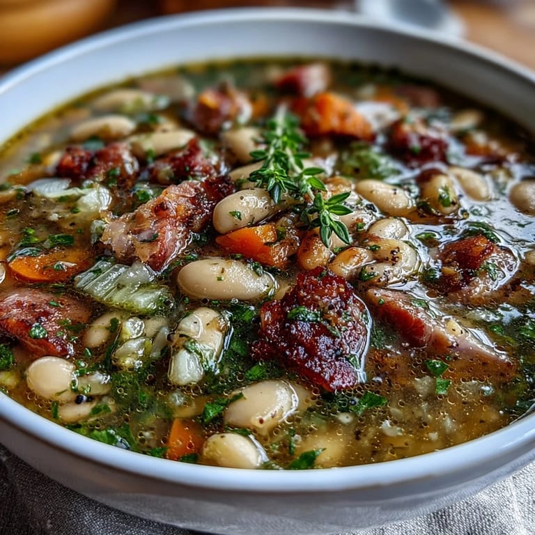 Comforting bowl of Ham and Great Northern Bean Soup with soft beans, diced ham, and fresh herbs.