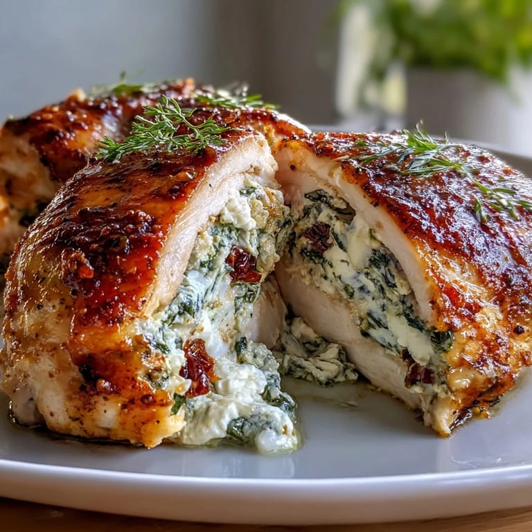 Delicious spinach and feta stuffed chicken breasts with fresh herbs, sun-dried tomatoes, and a hint of lemon zest.  