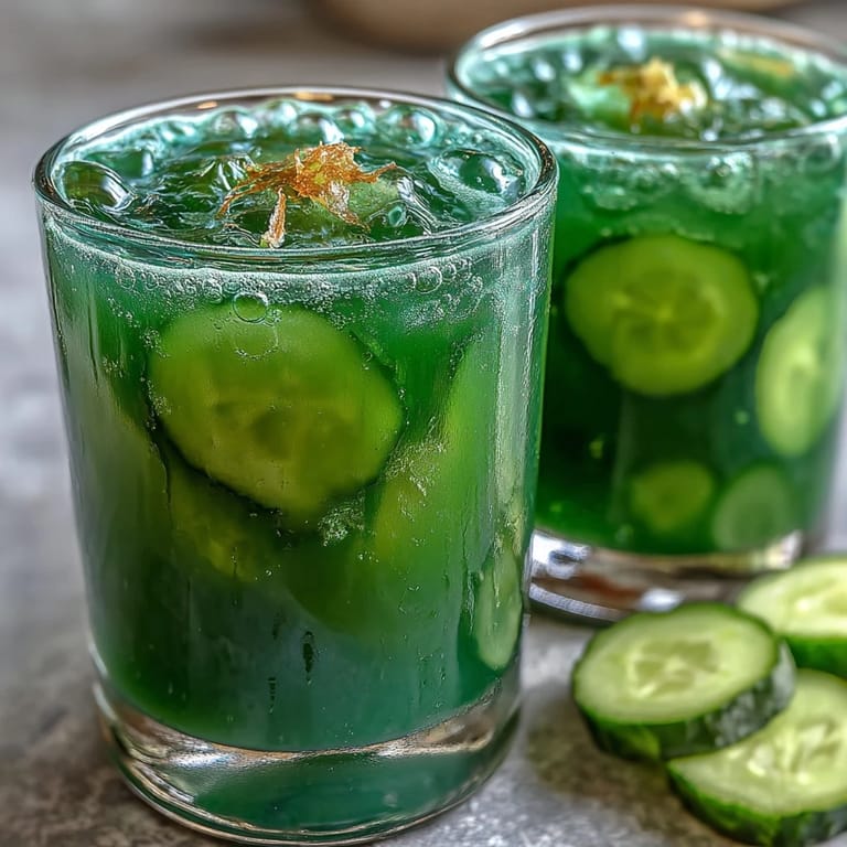 Vibrant green detox juice with cucumber, apple, and ginger, served over ice.  