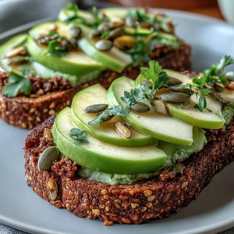 A fresh and nutritious breakfast toast featuring avocado, green apple, and crunchy pumpkin seeds.