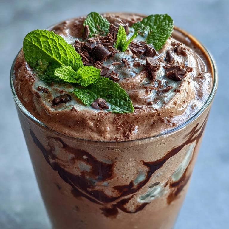 Rich chocolate protein powder blends with cool mint and sweet frozen banana for a delicious, energizing smoothie.  