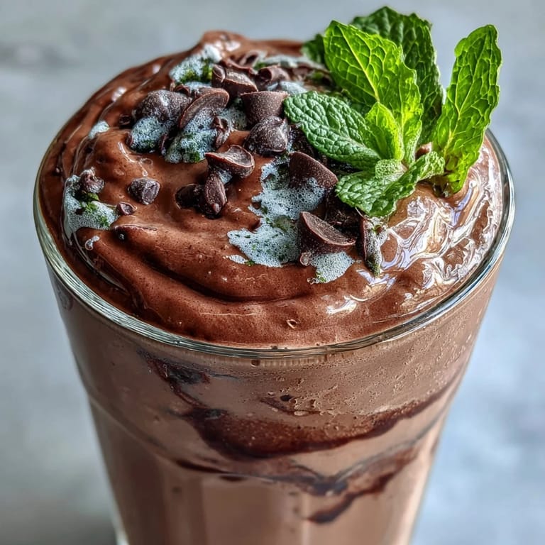 This vibrant green mint chocolate shake features frozen banana, cocoa, and protein powder for a satisfying, nutrient-packed treat.