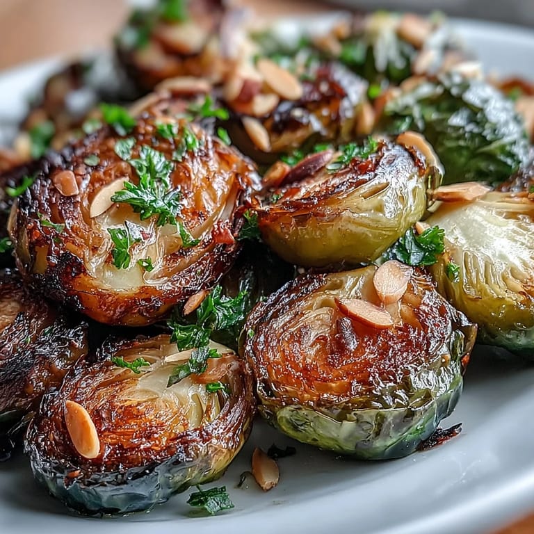Fresh Brussels sprouts roasted with lemon, parsley, thyme, and sliced almonds for a crisp-tender gluten-free side.