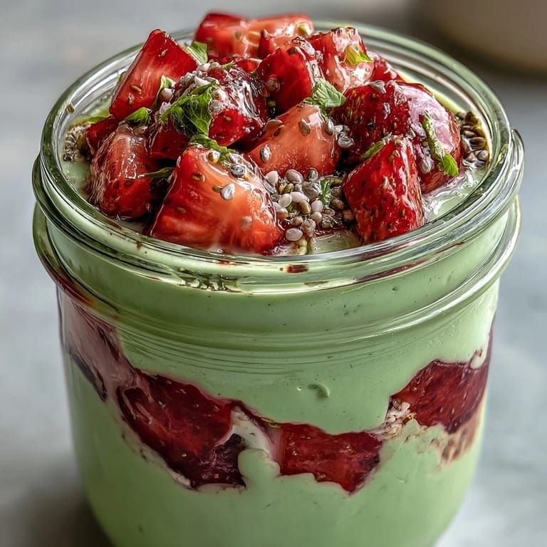 A beautiful jar of Strawberry Matcha Latte Overnight Oats, featuring sweet strawberries, smooth matcha cream, and hearty oats for a refreshing and healthy breakfast treat.