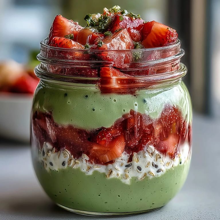 Mason jars filled with Strawberry Matcha Latte Overnight Oats, blending juicy strawberries, rich matcha, and creamy oats into a delicious, make-ahead morning meal.