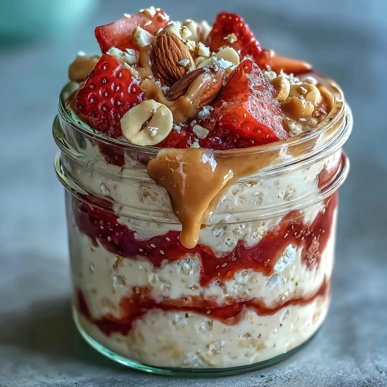 Layered overnight oats with peanut butter, strawberry jam, and crunchy peanuts—a wholesome twist on the classic PB&J sandwich.