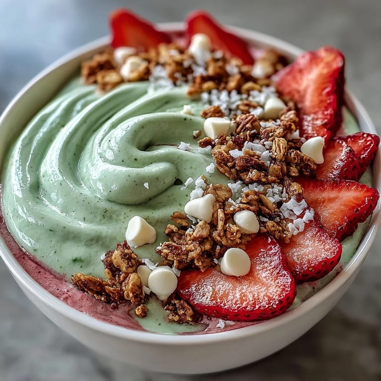 Creamy matcha and strawberry smoothie bowl layered with Greek yogurt, topped with chia seeds and white chocolate chips.