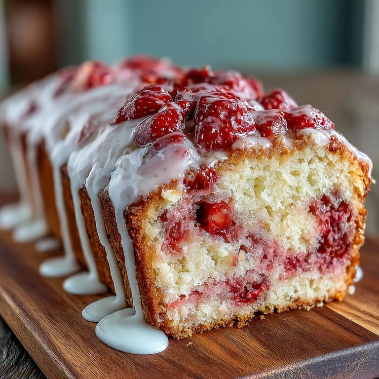 Buttery homemade pound cake with vibrant strawberry swirl, drizzled with sweet vanilla glaze for a delightful dessert.  