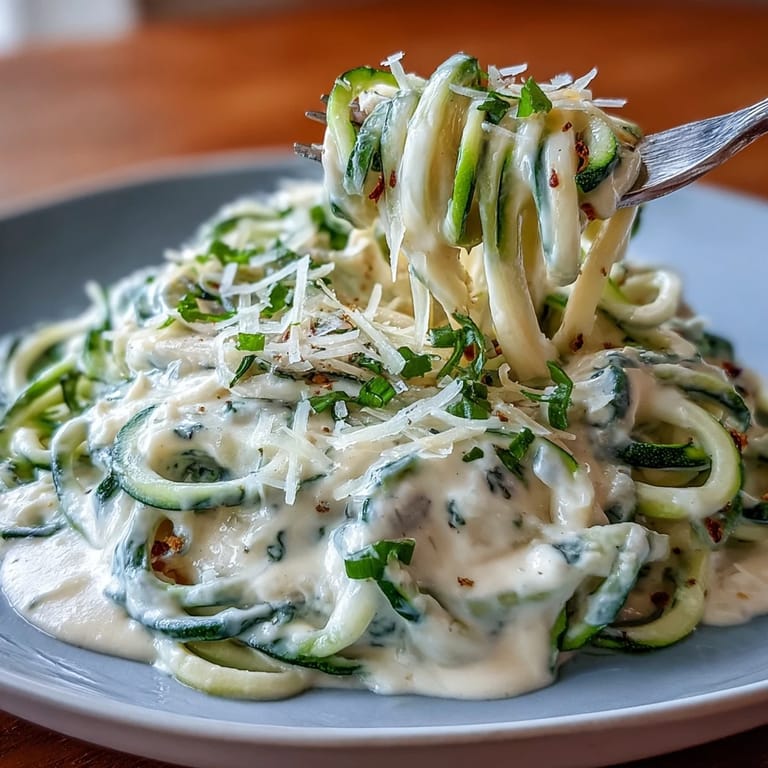Healthy zucchini noodles tossed in a rich, protein-packed cottage cheese Alfredo sauce for a light yet satisfying meal.  