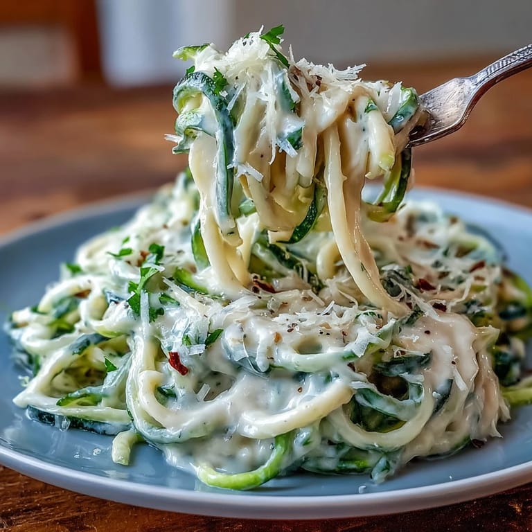 Low-carb zucchini noodles coated in smooth cottage cheese Alfredo sauce, served with a sprinkle of fresh herbs.