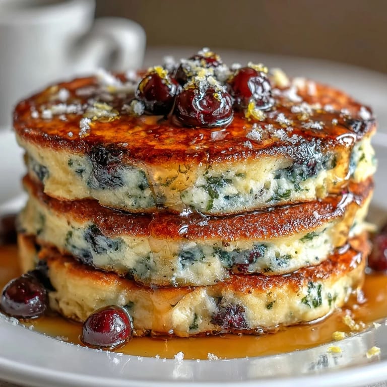 Golden-brown sourdough pancakes topped with juicy blueberries and a sprinkle of lemon zest, served with maple syrup.